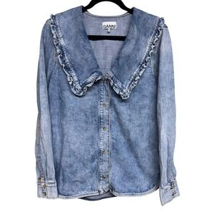 Ganni Signature Collar Button Down Top Washed Indigo Women's Size 38